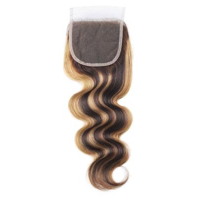 China LINDAL Water Wave Brazilian Virgin Hair Extensions Blonde Curly Body Wave P4/27# Colored Hair Extension Closure for sale