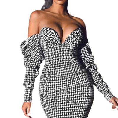 China 2022 cheap fashion party club drop lady long sleeve women bodycon strapless luxury casual elegant custom made breathable houndstooth mini dress for sale