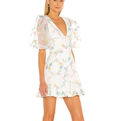 China Elegant Casual Summer 2021 Women Breathable Floral Ruffle Short Sleeve V-neck Organza Casual Dress Mini Dress for sale