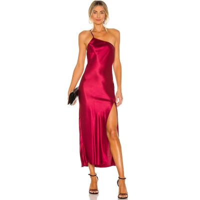 China Women's Maxi Dress With Straps Solid Color Silk Satin Dress High Quality Anti-static Slip One Shoulder Dress for sale