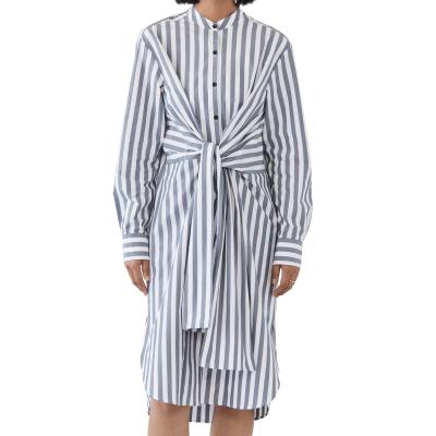 China Anti-static Button Stripe Long Sleeve Ties Waist Split Waist Office Lady Office Shirt Dresses Womens Maxi Maxi Dresses for sale