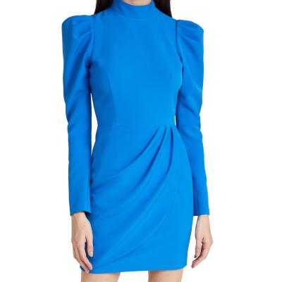 China Custom Anti-Static Office Lady Faux Neck Long Sleeves Puff Pleated Weist Draped Mini Career Dresses Women for sale