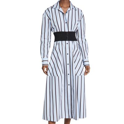 China Anti-Static Office Lady Sleeveless Pleated Smocked Belt Stripe Print Shirt Dresses Women Long Maxis for sale