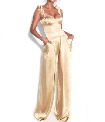 China Breathable Ladies Caprice Gold Satin Corset Office Casual Wear Overalls With Shoulder Straps Tie for sale