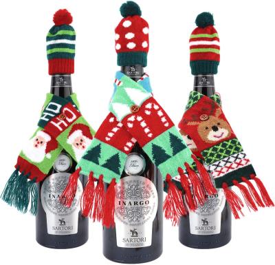 China Home Decoration Mini Wine Bottle Cover for Christmas Holiday Table Decorations, Xmas Festival Gift Bags Luxury Knitted Christmas Red Wine Bottle Cover for sale