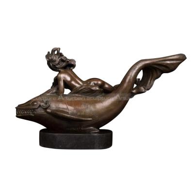 China Art Decor Abstract Bronze Sculpture For Office Decoration Woman Riding Shark Home Office Sculpture for sale