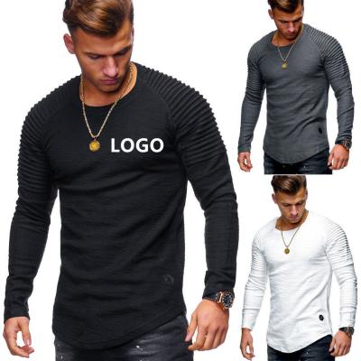 China QUICK DRY Custom Amazon Logo Solid Color T-shirt Gym Workout Pleated Long Sleeve Shirt For Men for sale