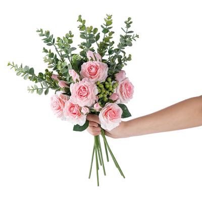 China Wall Hanging Silk Bouquet Wedding Decoration Home Style CIA Eucalyptus Rose Eucalyptus Artificial Flowers for sale