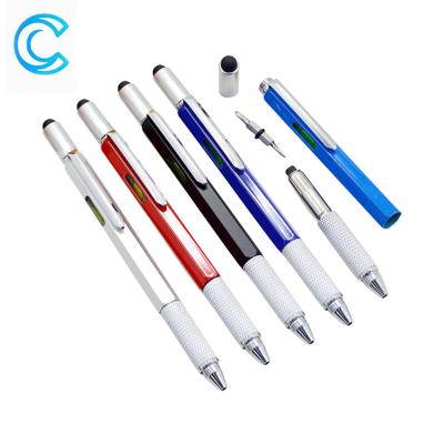 China Promotional Pen Metal 6 in 1 Multifunctional Ball Pen Tool Screwdriver Ruler Level Touch Stylus Tool Ballpoint Pen for sale