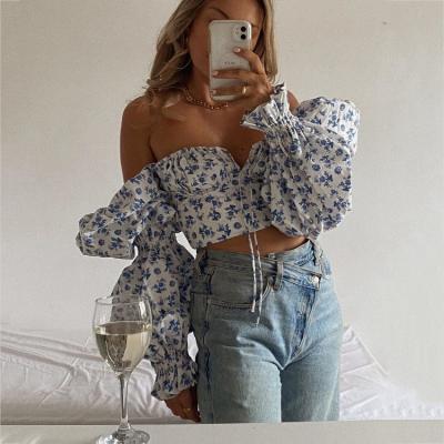 China Hot Selling Enyami Instock Elegant Square Collar Chiffon Floral Trumpet Shirts Breathable Floral Printed Sleeves Cropped Blouse Top Women for sale