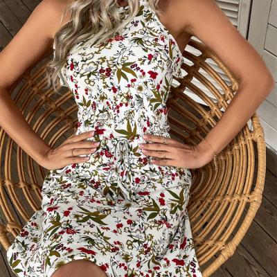 China New Enyami Boho Dry Cleaning Dress Summer Ladies Slim Casual Sleeveless Ruffles Mini Floral Halter Print Women Dress for sale