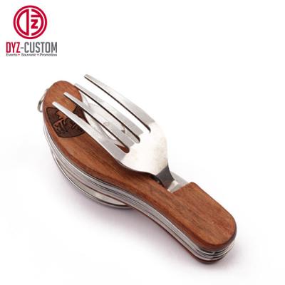 China Sustainable 4 in 1 Camping Utensils Cutlery Set Wooden Handle Folding and Detachable Tableware for sale