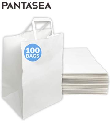 China Recyclable Large Size White Eom Kraft Paper Bags With Handles Take Our Food Retail Gift Shopping Bags for sale