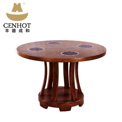 China Custom High Quality Wood Metal Round Commercial Smokeless Table Restaurant Hot Pot Table for sale