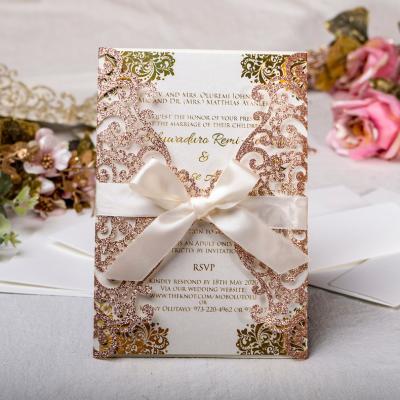 China Europe Laser Cut Wedding Invitations With Ribbon , Custom Glitter Personalized Invitation Cards for sale