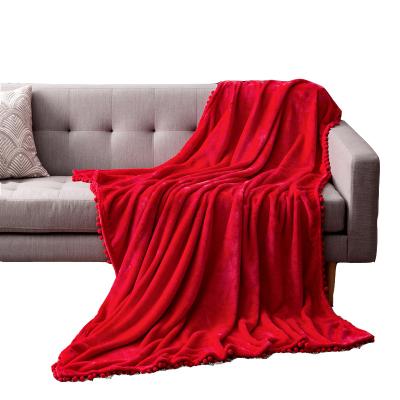 China Mulan Folded Pompom Tassel Fur Flannel Ultra Soft Blanket Solid Throw Customize Rug Office Sofa Sleeper Manufacturer Hot Sale Summer for sale