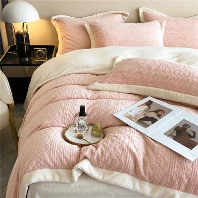 China Nondisposable Striped Pattern Tick Soft Milk Fiber 4PCS Bed Sheets Warm Spread Fluffy Patchwork Bedding Sets for sale