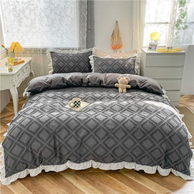 China Nondisposable High Quality Plaid Jacquard Bedding Sets Washed Cotton Cut Comforter Customize Lace Sheets for sale