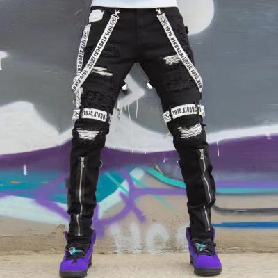 China Color Black Color Fade Proof 2022 Wholesale New Arrivals Mens Jeans Pants With Ribbons Zipper Fashion Cotton Ragged Mens Ripped Jeans for sale