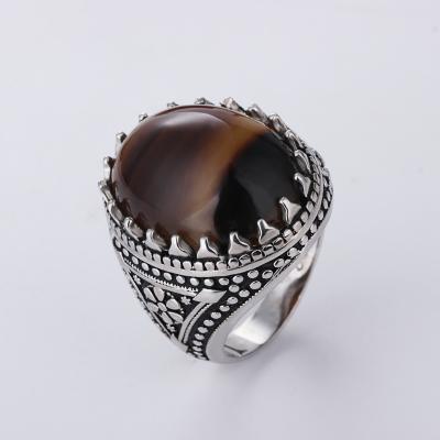 China High Quality Pure Handmade Sterling Silver Oxidized Vintage Style Tiger Eye Stone Men Ring Big for sale