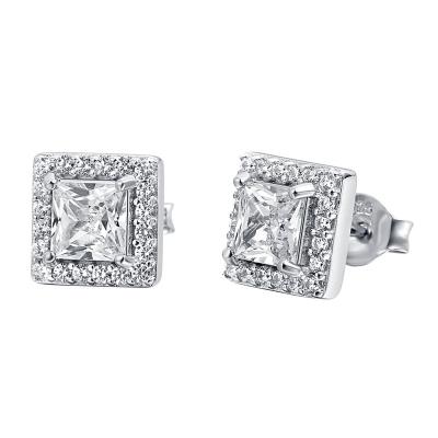 China 10 Handmade Jewelry Silver Earrings Fashion Earrings Luxury Women Princess Cut Halo Studs S925 Silver Bridal Jewelry for sale