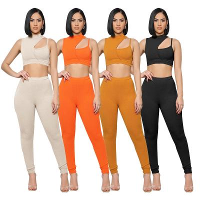 China Spring and summer solid color one shoulder casual fashion splicing women's QUICK DRY suit set sexy navel pants shape casual suit for sale