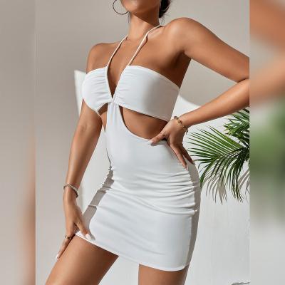 China 2022 Anti-Static Women's Dress Summer Mini Extreme Pleated Hollow Strappy Hip Skirt Sexy V-Neck Micro Dress for sale