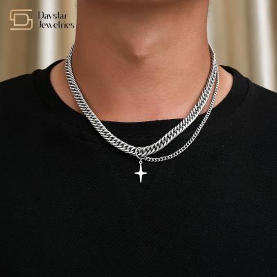 China Hip Hop Cuban Link Chain Necklace Titanium Steel Cross Pendant Double Layer for sale