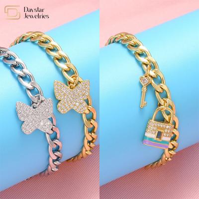 China Butterfly Charm Bracelet Stainless Steel Jewelry Key Lock Pendant Gold Plated for sale