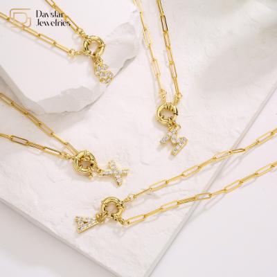 China Gold Plated Diamond Initial Letter Pendant Necklace SS Paperclip Link Chain for sale