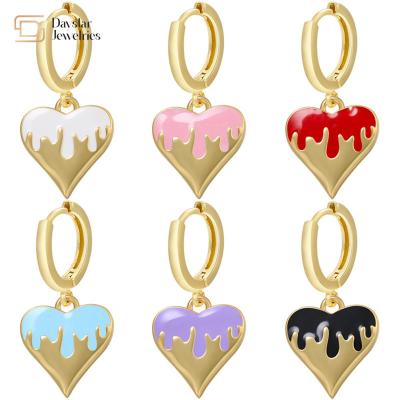 China Women 14k Gold Plated Drop Earrings , Colorful Enamel Heart Pendant Hoop Earrings for sale