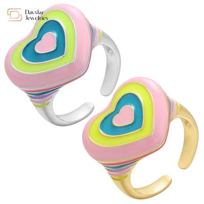 China Y2k Rainbow Heart Women Jewelry Rings Colorful Enamel Gold Plated for sale