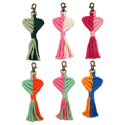 China Boho Cotton Fashionable Fiber Art Macrame Heart Keychain or Backpack Car Mirror Decor Heart Shape Key Chain for sale