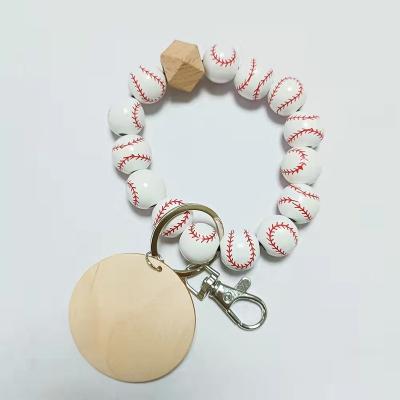 China Hot Selling Fashionable Volleyball Baseball Soccer Baseball Monogram Bead Bracelet Wood Key Chain Products for sale