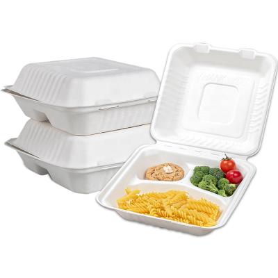 China 100% Bagasse Fiber Clamshell Biodegradable Compostable Food Containers Take Out 3 Compartment Food Bowl Kids for sale