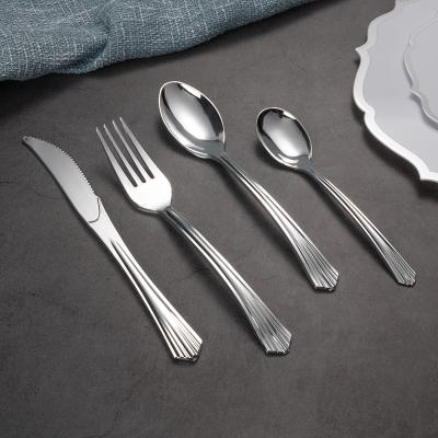 China Disposable Stylish Reusable Fancy Silver Plastic Disposable Plastic Cutlery Set for sale