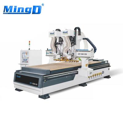 China Garment Shops MINGD ATC-1328-12D double spindle smart full automatic 3d wood carving cnc router for wood kitchen cabinet door mdf panel making for sale