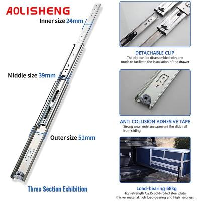 China Full Extension Ball Bearing Furniture Capacity AOLISHENG Telescopic Drawer Slides Heavy Duty Triple Box Strong Load Bearing Hardware for sale