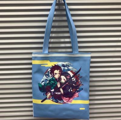 China 100% Custom Made Eco-Friendly Anime Demon Slayers Waxed Canvas Grocery Tote Shopping Bag With PU Leather Handle for sale