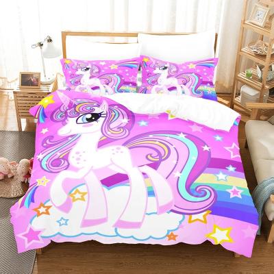 China Disposable Unicorn Bedding Set Home Duvets Cover Set 3D Print For Girls Kids Cartoon 90gsm Microfiber Digital Printing 100% Woven Polyester for sale