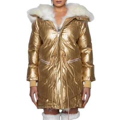 China 2022 Wholesale Custom Made Croc Fur Hooded Shiny Shiny Gold Ladies Winter Long Sleeve Women Leather Trim Stripper Jacket for sale