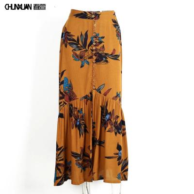 China New Summer Women Vintage Floral Print Long Beach Skirts Party Maxi Long Skirt Asymmetric High Slit Elegant Plus Size for sale