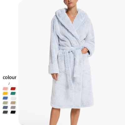 China Winter Luxury Women's Bathrobe Long Sleeve Hooded Fleece Bathrobe Custom Thermal Logo Kimono Fleece Coral Sleepwear for sale