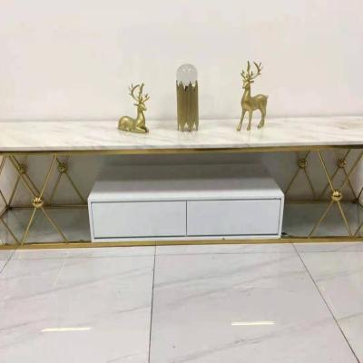 China (Other) Adjustable Event Stage Wedding Banquet Decoration TV Stands Gold Flowerbed Clear Glass Top Stainless Steel for sale