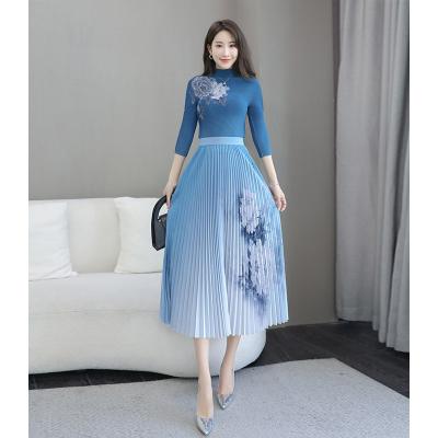 China Current Hot Sale QUICK DRY Stain Printing 2 Piece Sets Sheath Long Pleated Woman Maxi Skirt Shirt Pleated Skirt Sets for sale