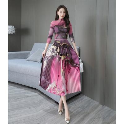 China Factory direct sales large size thin printed women's suit pleated skirt shirt foreign style high-end QUICK DRY direct sales 2023 new 2 piece set for sale