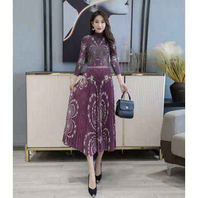 China QUICK DRY Accept Custom Made High Quality Pleat Printed Casual Style Women 2 Piece Sets Long Sleeve Shirt And Pleated Long Skirt Two Piece Set for sale