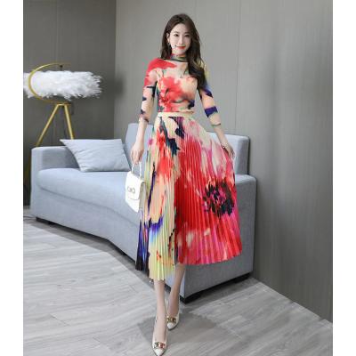 China Miyake QUICK DRY new 2023 summer copy pleated long sleeve T-shirt + high waist pleated skirt women's suit two-piece set fashionable for sale