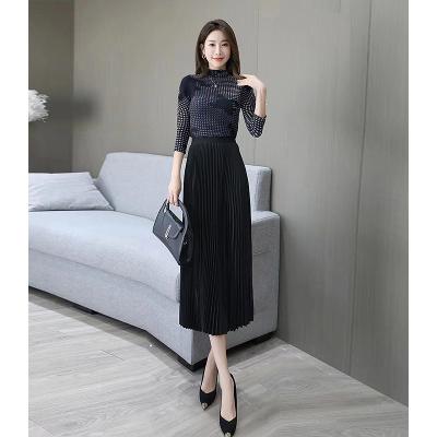 China QUICK DRY flowers design casual style high quality pleat printed women 2 piece set long sleeve shirt and long pleated skirt two piece set for sale