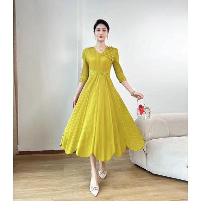 China Wholesale High Quality Viable Modest Luxury Long Sleeve Miyake Pleated Korean Solid Color Ruffle Women's Long Midi Dress for sale